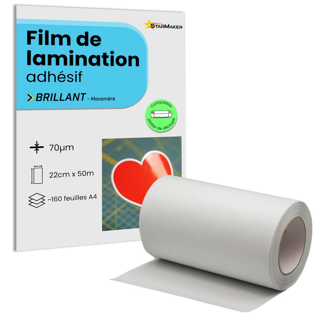 Rotolo 22 cm x 50 m A4, pellicola lucida per laminazione a freddo, foglio laminato autoadesivo per foto e adesivi, compatibile con plotter da taglio