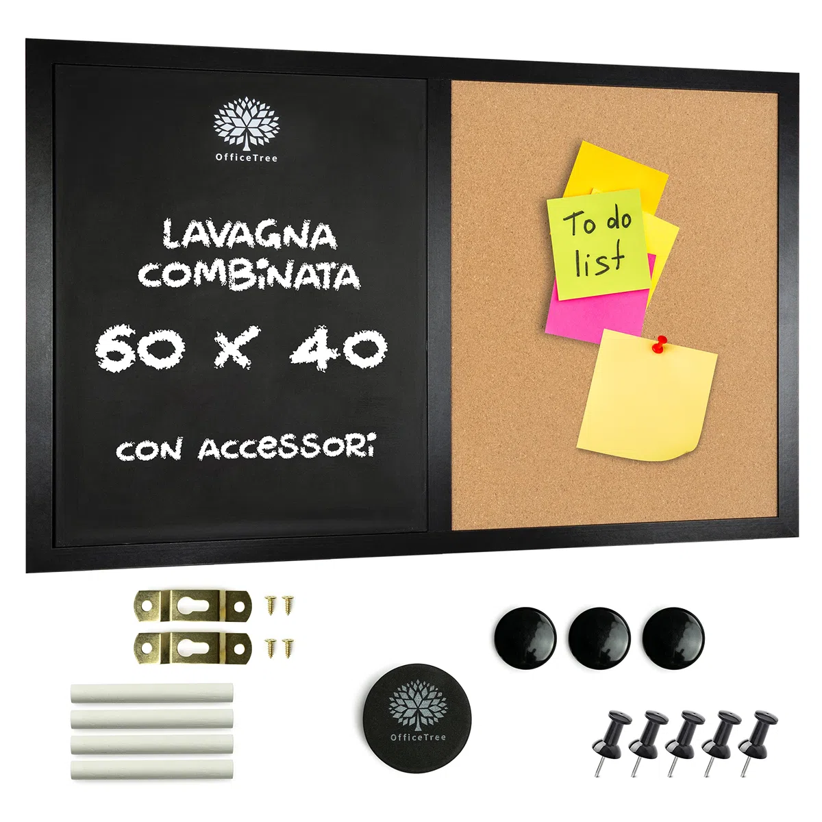 OfficeTree 60x40cm Lavagna magnetica da parete 2in1 Bacheca magnetica con lavagna sughero - Memo board con magneti, gesso e spugna
