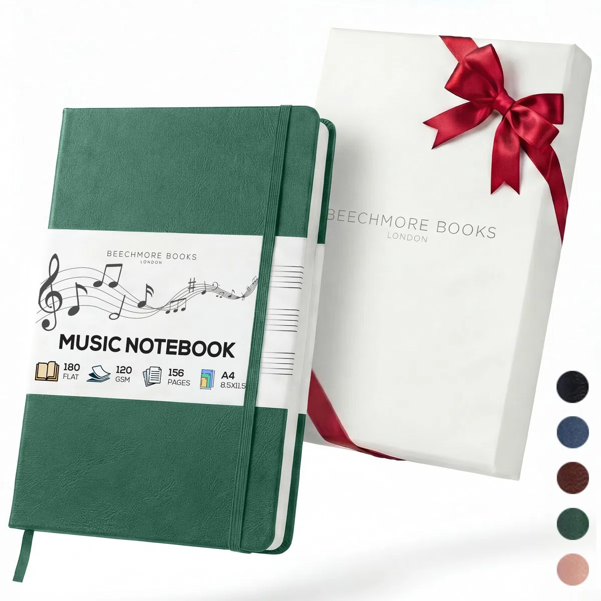 Beechmore Books Quaderno musica A4 (21,6 x 29 cm) – 156 pagine, 120 g/m² | Copertina rigida similpelle, righe musicali perforate, apertura piatta, confezione regalo per musicisti e studenti