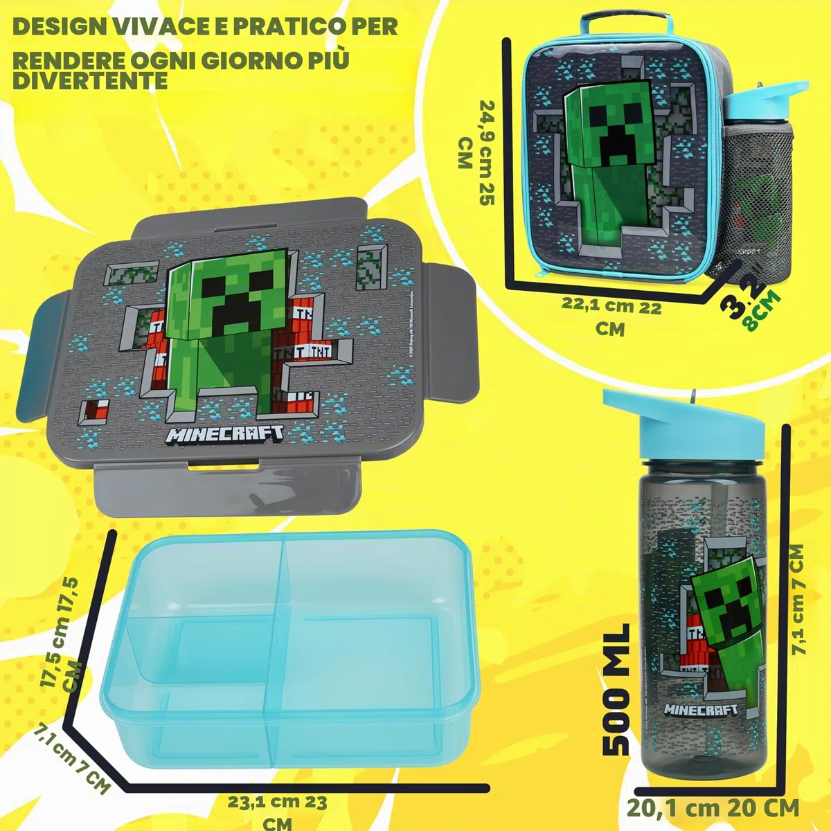 Get Trend Minecraft Borraccia, Borsa Porta Pranzo e Porta Merenda Bambini, 3Pz Set, Materiale Scolastico, Portamerenda BPA Gratuito, A Prova di Perdite (Multi Minecraft)