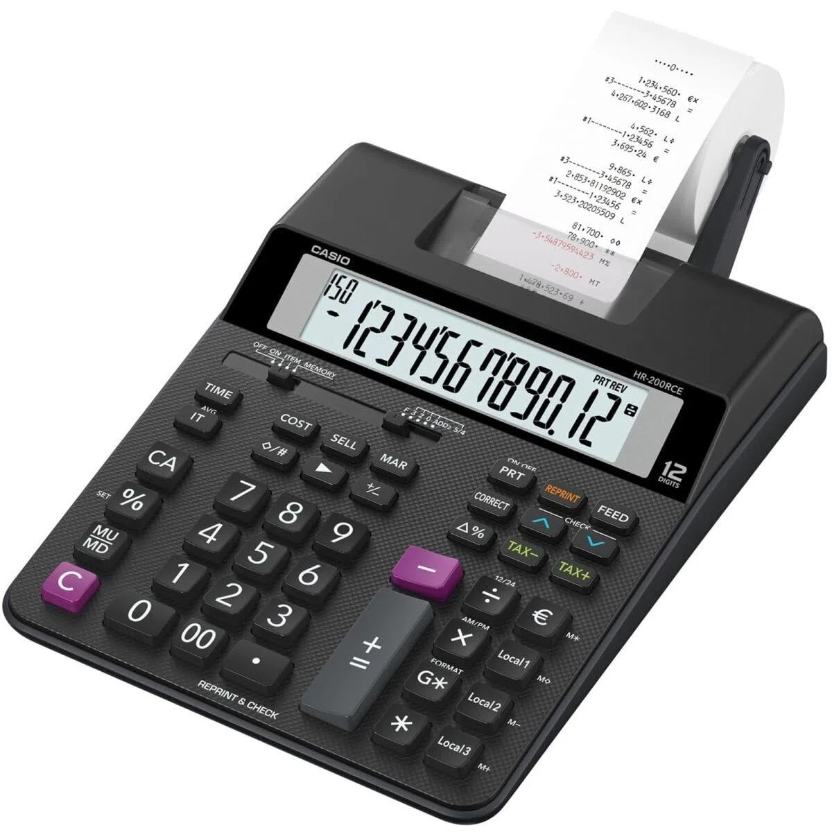 Casio HR-200RCE - Calcolatrice per la stampa Display, LCD a 12 cifre, Nero