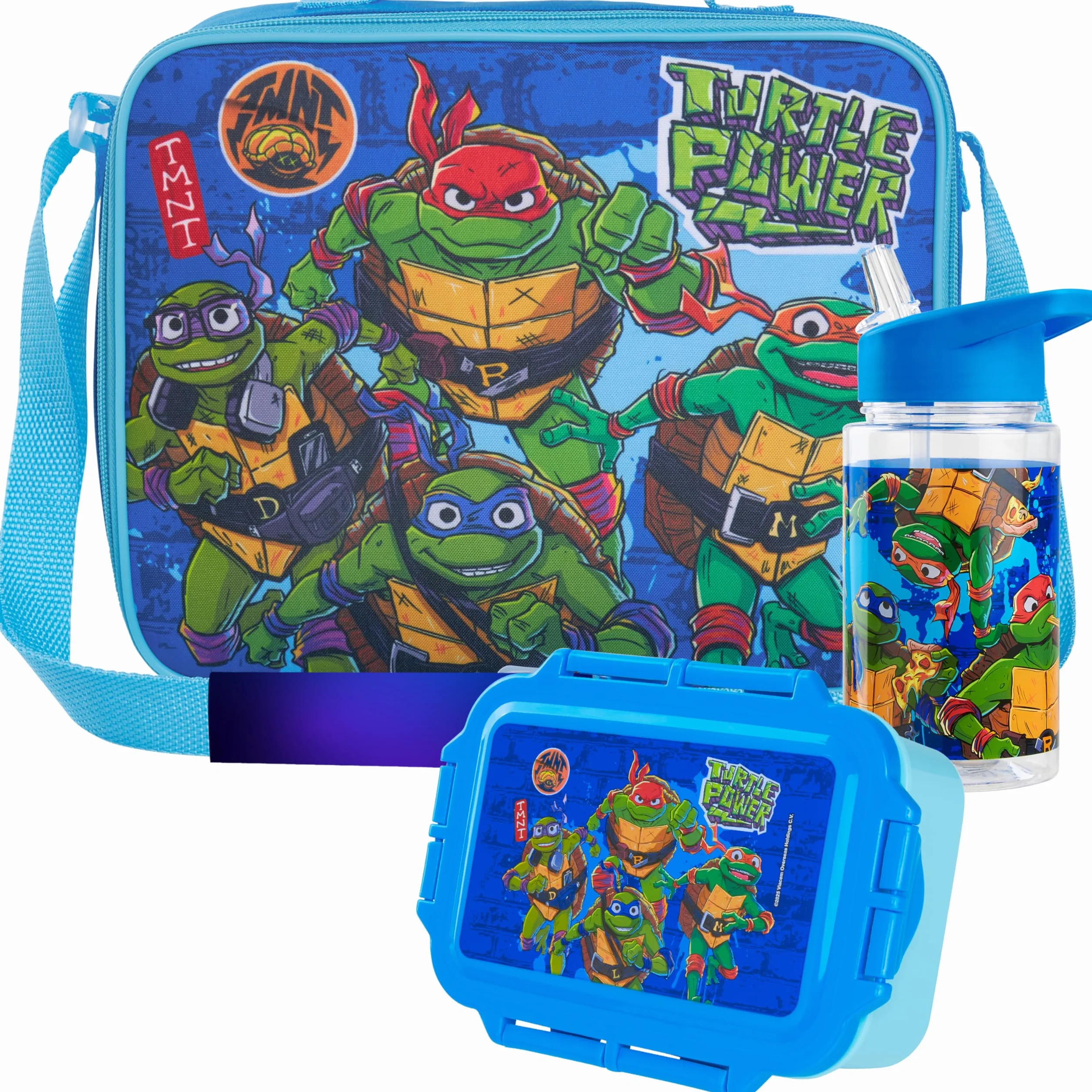 Get Trend Teenage Mutant Ninja Turtles Borsa Porta Pranzo con Porta Merenda Borraccia Bambini Senza BPA Set 3 Pz Materiale Scolastico per Viaggiare Picnic (Blu TMNT)