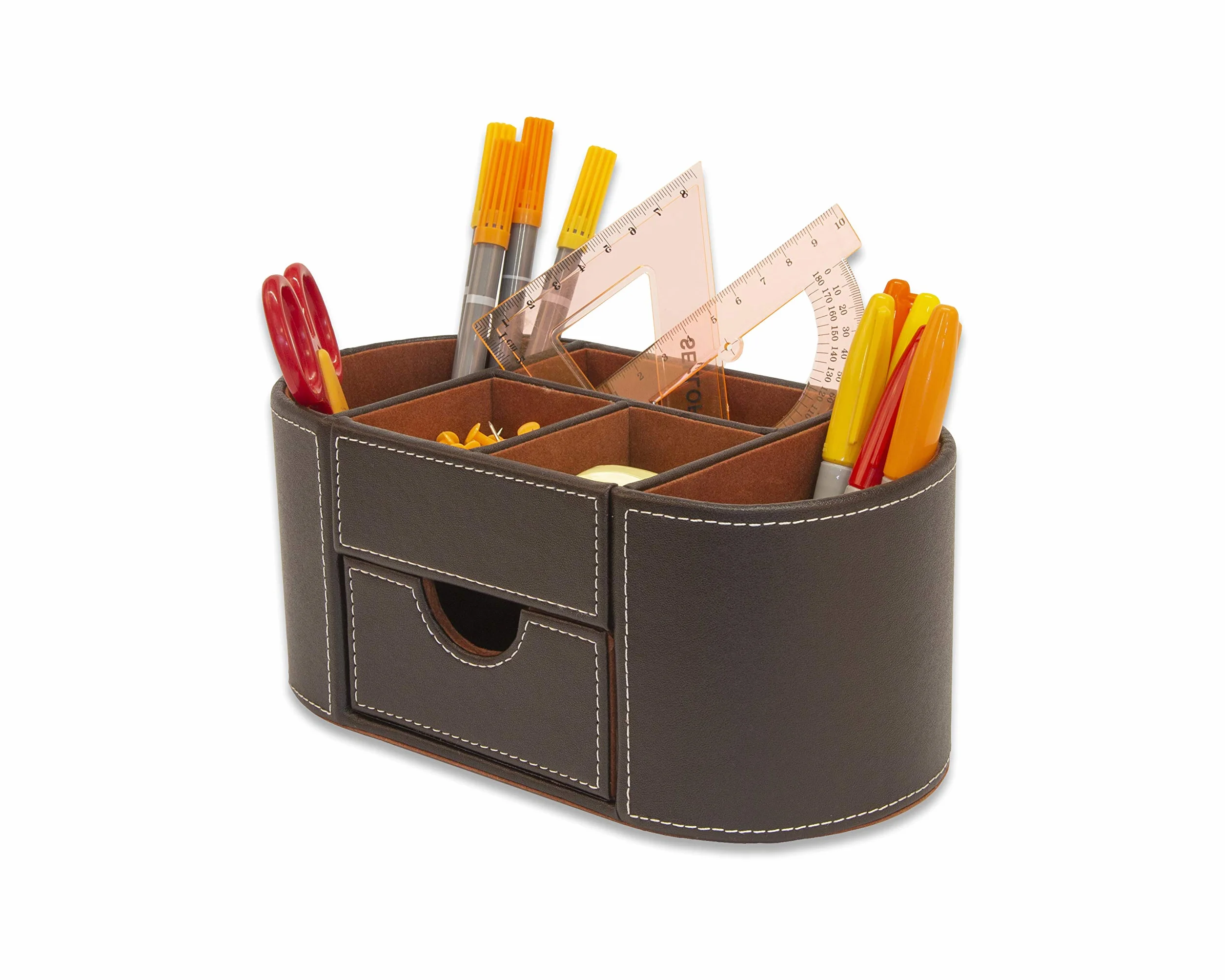 OSCO Organizer da scrivania in ecopelle marrone con cassetto, organizer da scrivania, portapenne, contenitore per trucchi, portapenne, 6 scomparti, contenitore per cancelleria, 10 x 23 x 12 cm