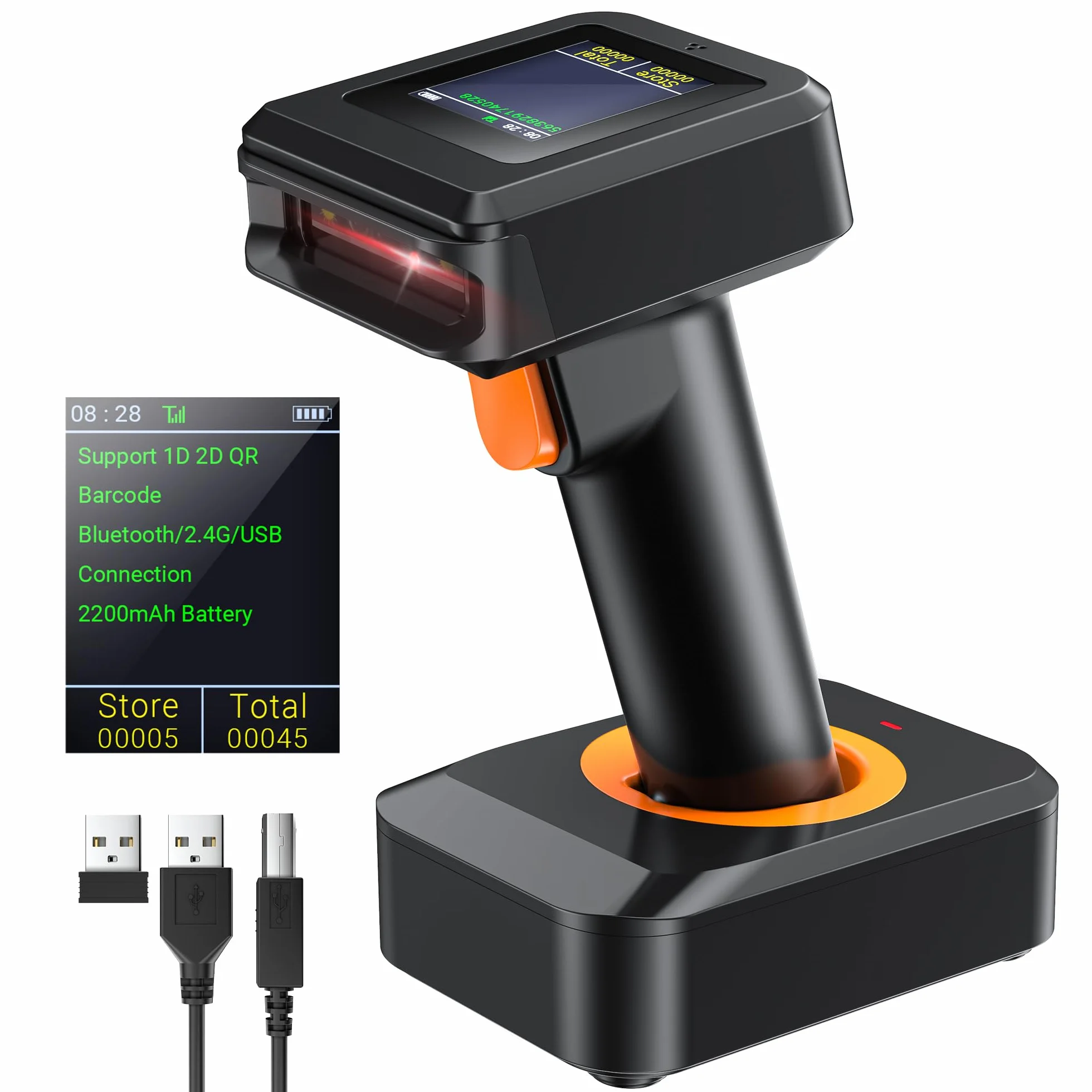 Tera 1D 2D QR Barcode Scanner con Stazione di Ricarica e Display Bluetooth e wireless 2.4Ghz Prefisso e suffisso dell'ora schermo, HW0006