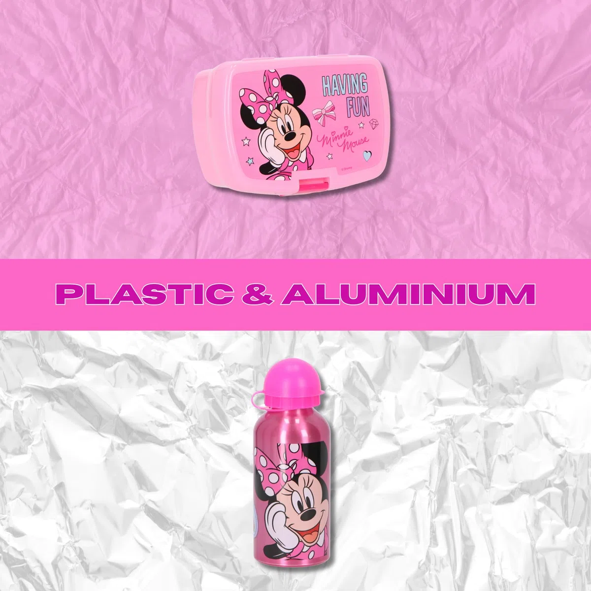 Minnie Disney Mouse - Contenitore per il pranzo con borraccia, set da 2 pezzi, rosa, ideale per scuola, asilo e gite