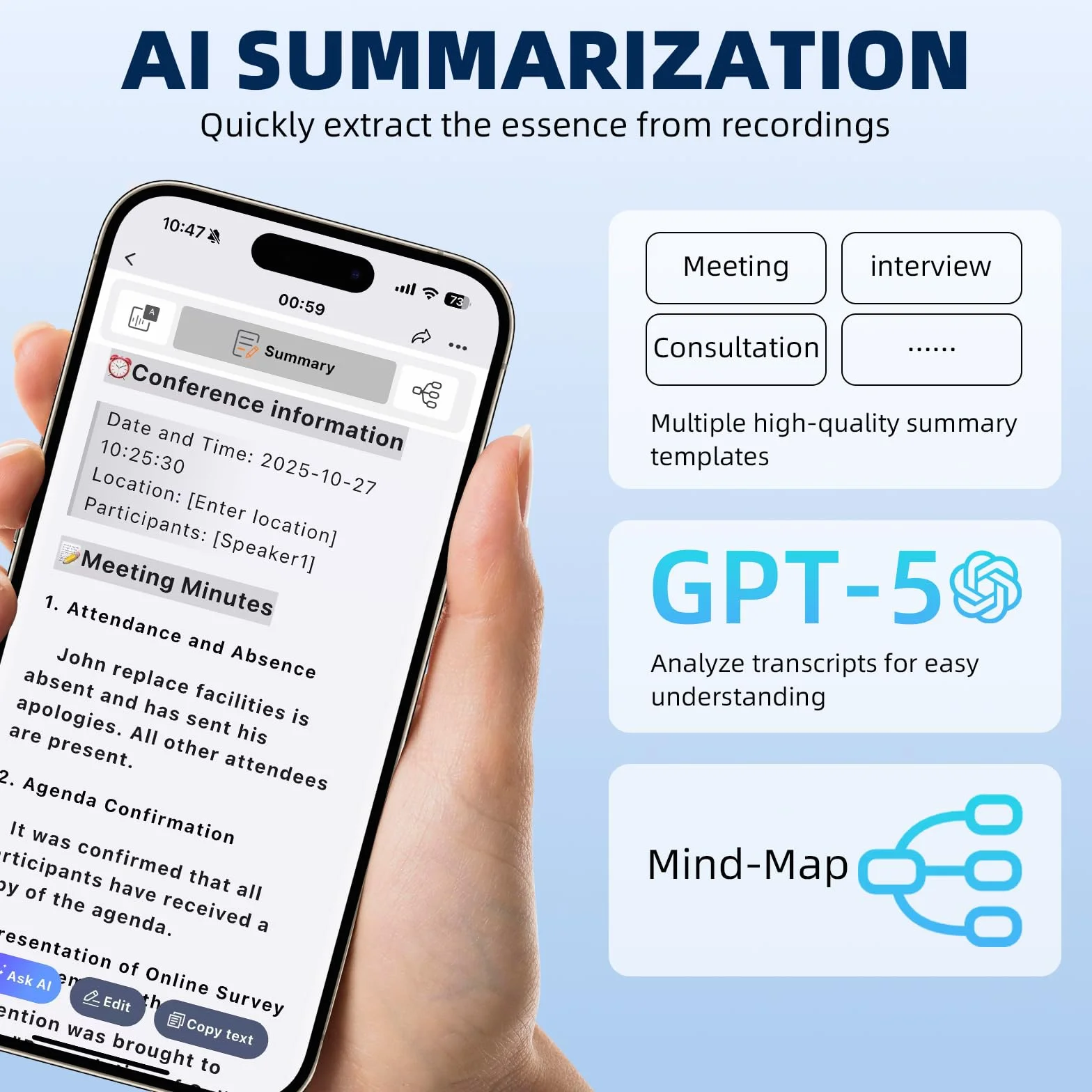 64GB Registratore Vocale AI- Registratore Vocale Professionale Portatile Trascrivi e Riassumi con Tecnologia AI, Supporta 256 Lingue, Controllo App, per Conferenze Riunioni Colloqui Classe