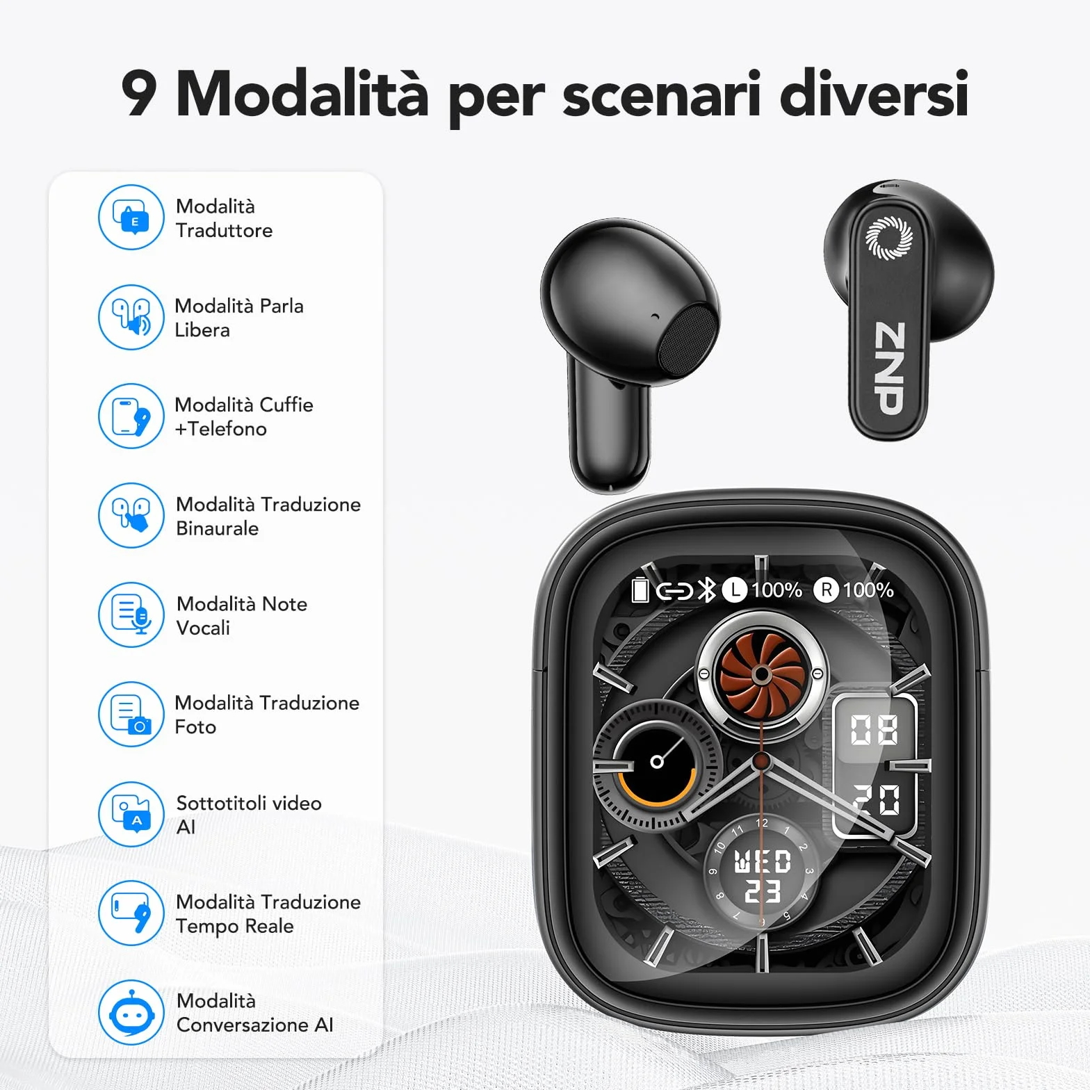 N02 Cuffie Traduzione Simultanea, 4-1 AI Auricolari Traduttore Suono Hi-Fi, 165 Lingue e 9 Modalità, Autonomia 48 Ore, Auricolari Touchscreen, Bluetooth 6.0 Ideali per Viaggi, Affari e Studio