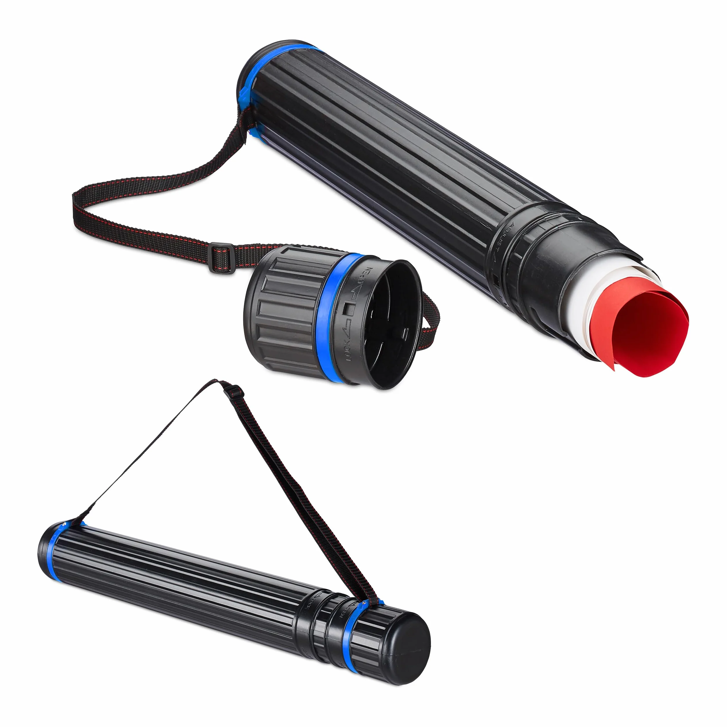 Relaxdays Tubo Portadisegni, Set da 2, Formato Max. A0, Cintura Regolabile, Tappo a Vite, 64-107 cm, Plastica, Nero Blu