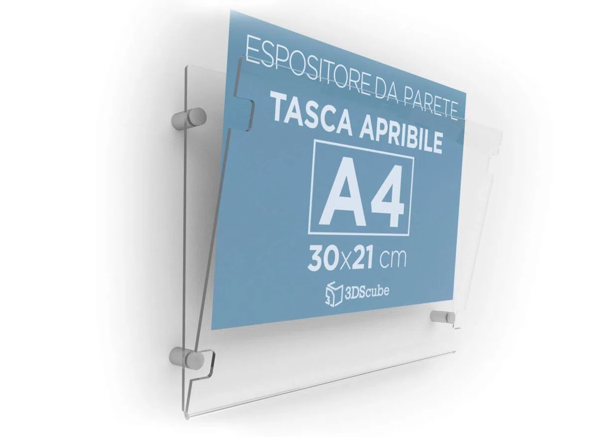 Cartella in plexiglass da parete a tasca apribile, porta avvisi e depliant formato A4 orizzontale 30x21 cm, completa di distanziali in alluminio (1 pezzo)