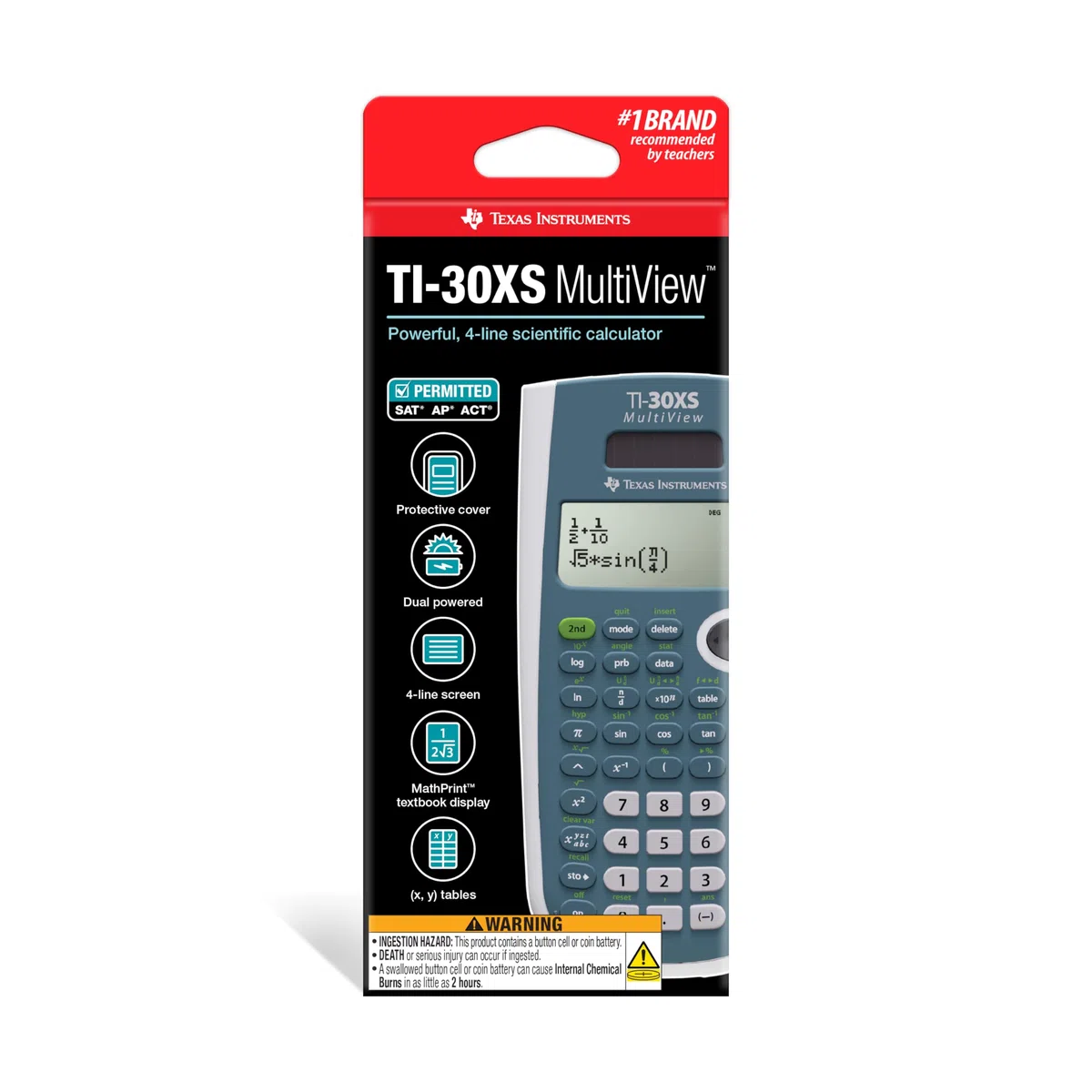 Texas Instruments TI-30XS MultiView Pocket – Calcolatrice con tasca, calcolatrice scientifica, 16 cifre, 4 linee, batteria/solare, blu, bianco