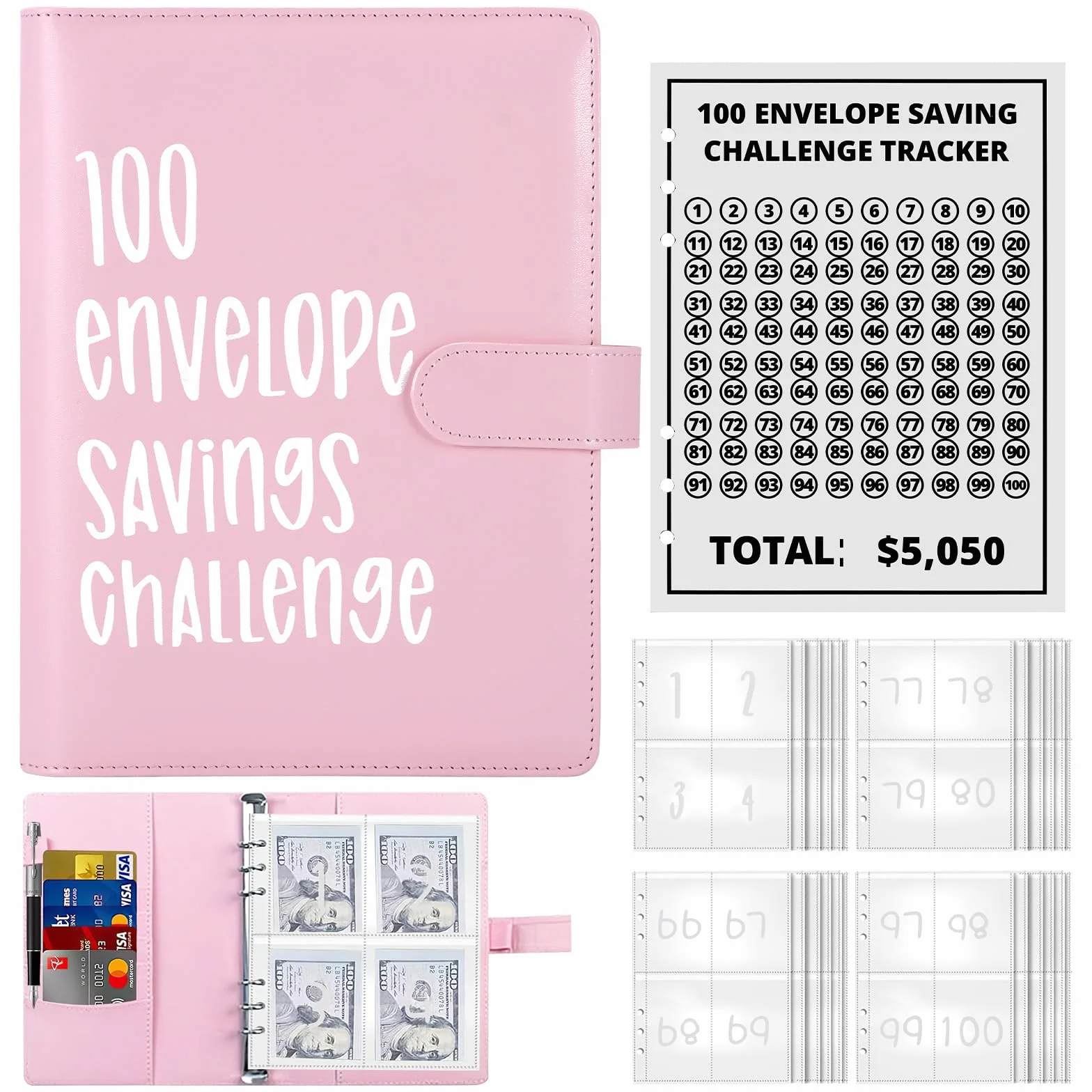 100 Envelope Saving Challenge, Libro del Risparmio, Cartelle Sfide, Pianificatore di Budget, Challenge del Risparmio con Buste Trasparenti per Denaro, Fogli di Budget, Cartelle per Risparmiare Denaro