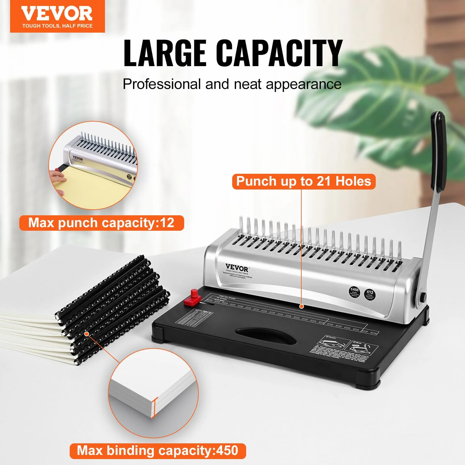 VEVOR Rilegatrice, Rilegatrice a pettine a 21 fori, 450 fogli, Rilegatrice con dorsi di rilegatura a pettine da 100 3/8'', per formato Lettera, A4, A5