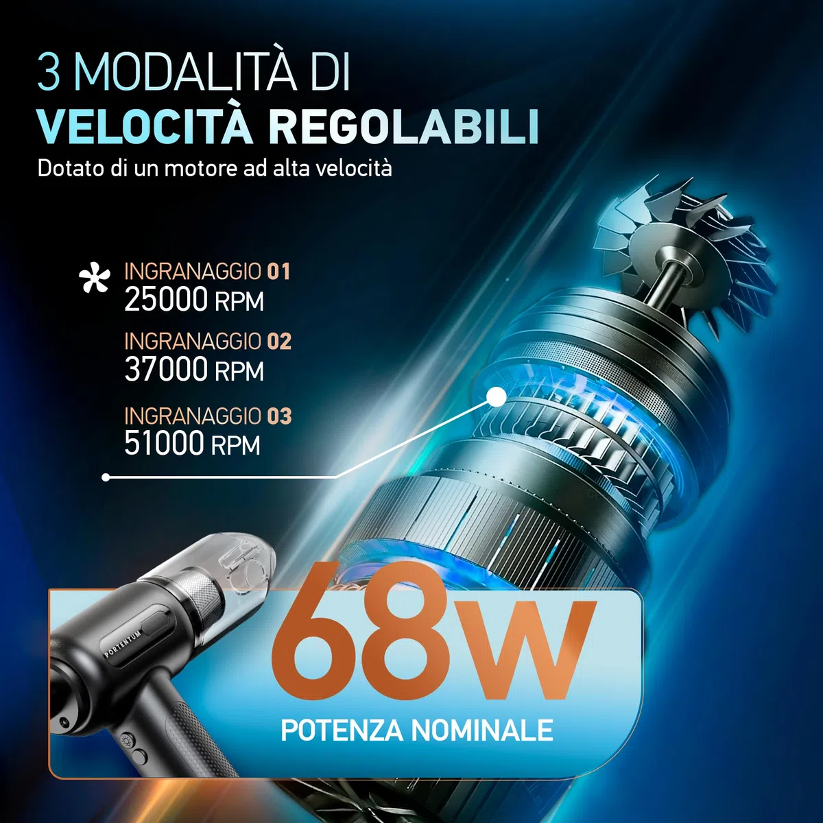 PORTENTUM® 2 in 1 Aspirapolvere Senza Fili et Aria Compressa - Batteria, 3 Velocità e Luce a LED - Aspirapolvere auto, Tastiera, PC, Casa, Auto