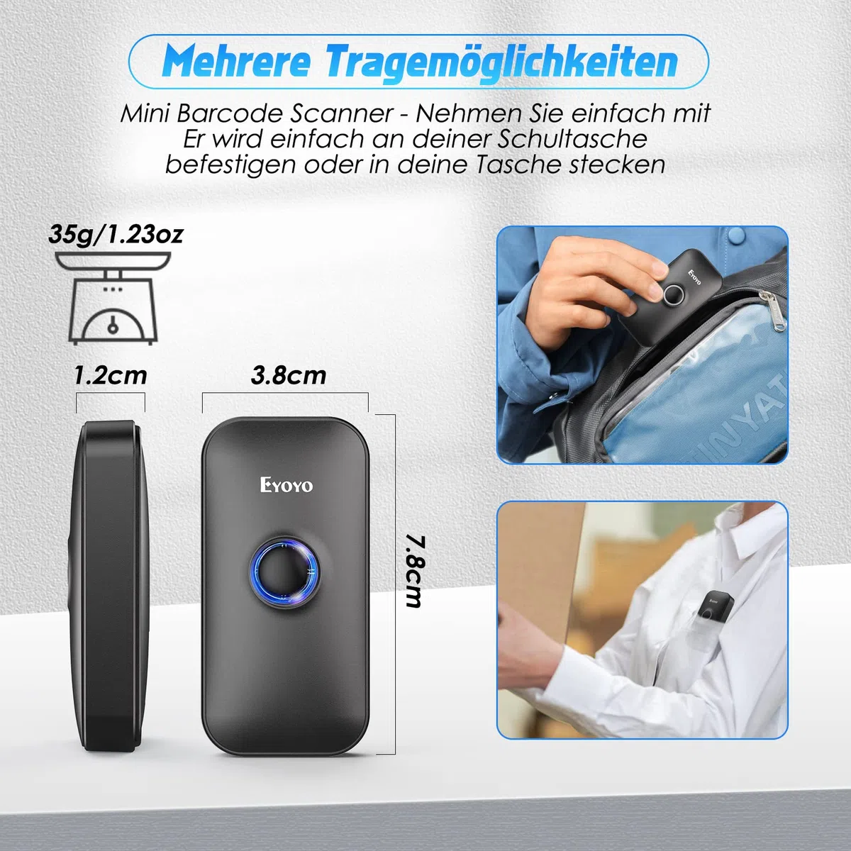Eyoyo Mini lettore di codici a barre Bluetooth 2D, 3 in 1 USB Wired/2.4G Wireless/Bluetooth Bar Code Reader Portatile 1D QR Image Scanner PDF417 Data Matrix Code per iPad, iOS, Android