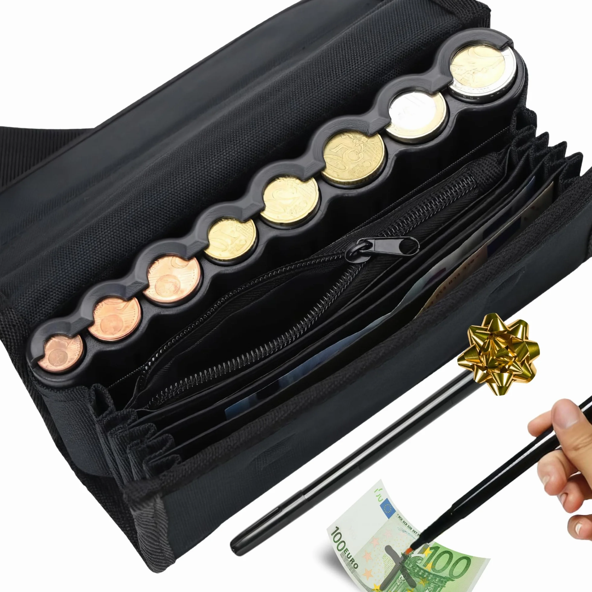 Portamonete e banconote + penna rilevatore banconote false | Marsupio barista e dispenser di monete per taxi, camerieri, venditori (nero + marsupio)