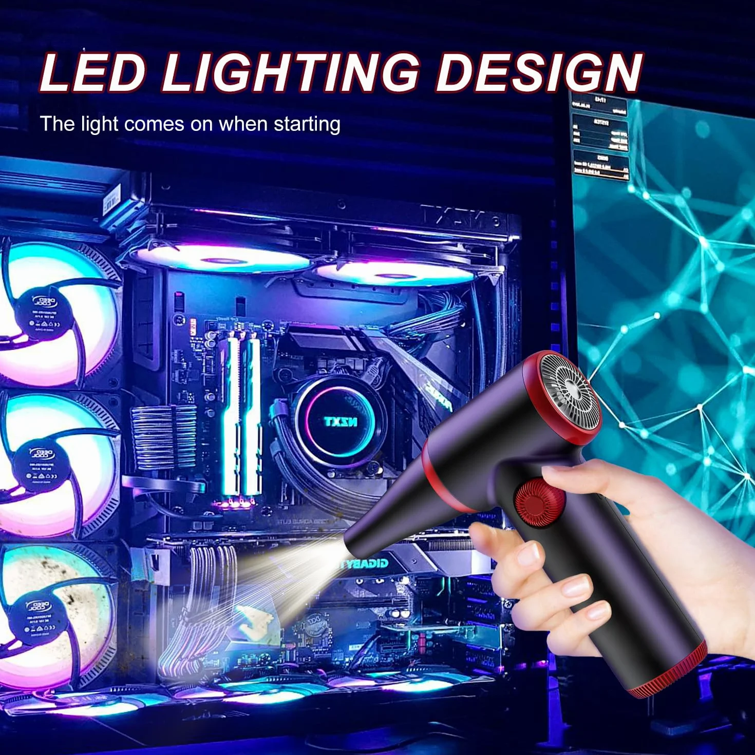 ATEngeus Elettrico Rimuovi Polvere Aria Compressa, Spolverino Elettrico da 100500 Giri/min con Luce LED, Velocità Continua Aria Compressa Senza Fili, Air Duster per Tastiera, Laptop, Auto