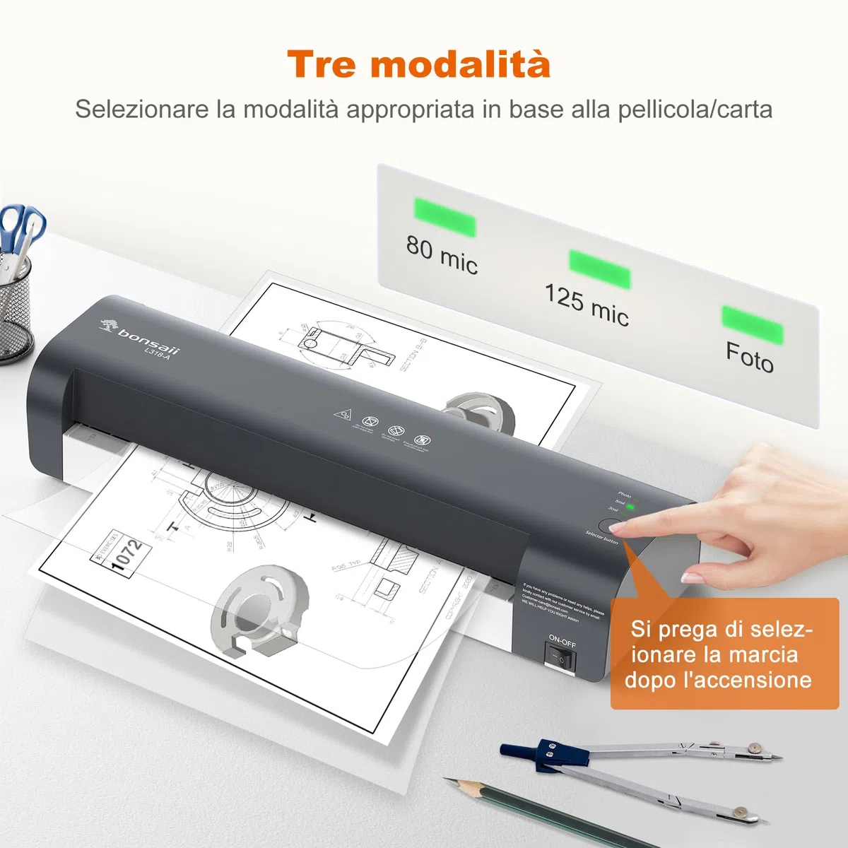 Bonsaii plastificatore A3, 5 in 1 con 10 pezzi di pellicole di laminazione A5 A6, plastificatore con taglierina per carta e arrotondamento degli angoli, protezione da inceppamenti(L318-A)