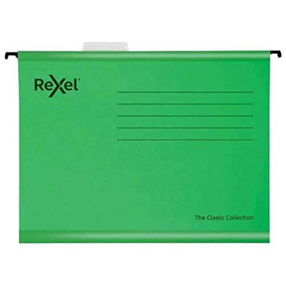 Rexel 2115591 - Raccoglitore a sospensione Classic Foolscap per archivi, base a V, 100% carta riciclata, verde, confezione da 25