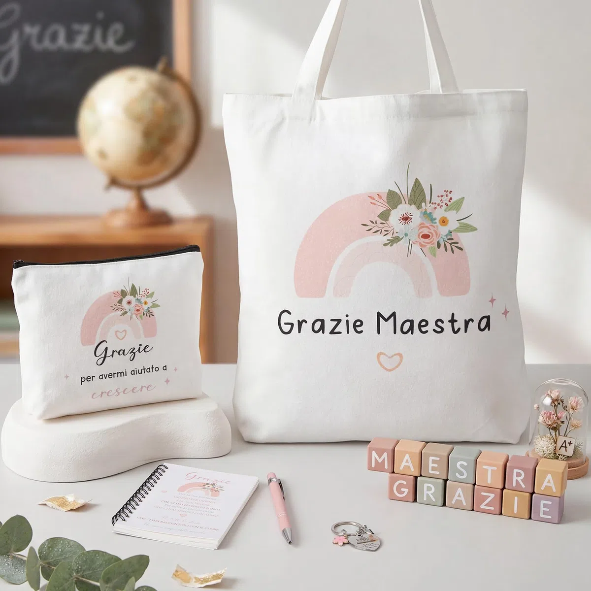Hestya 5 Pezzi Regalo Maestre Fine Anno Grazie Maestra Borsa Tote per Insegnanti Borsa Comestic Portachiavi Penna a Sfera Taccuini Tascabili Regali Ringraziamento per Insegnante Laurea Compleanno