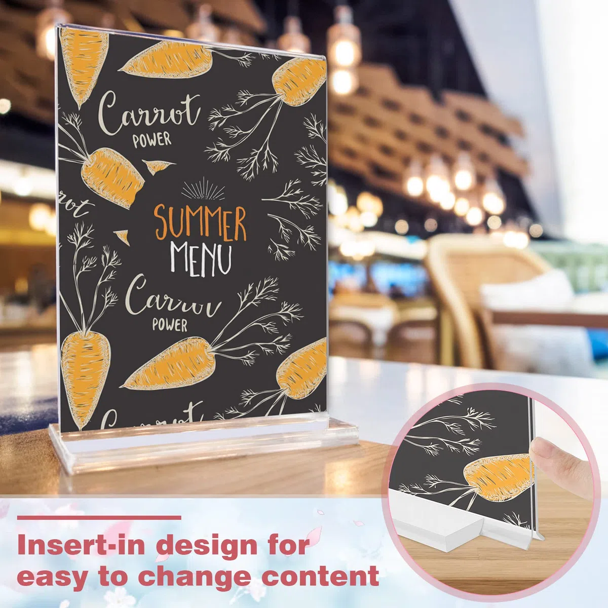 UMILKI 4 Pezzi Porta Menu da Tavolo in Acrilico, Espositore da tavolo A4 con Base, T Supporti menù, Porta Avvisi da Tavolo per Menu, Foto, Prezzi, Poster