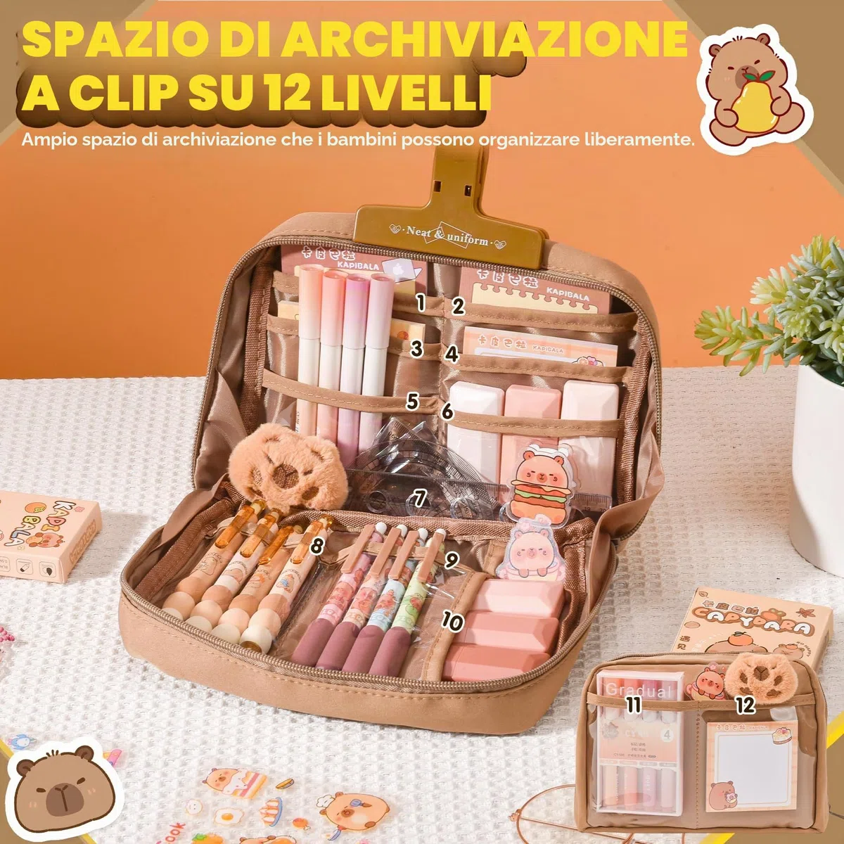 Capybara - Kit Scuola Capibara – Set Regalo Carino per Bambini & Studenti, Include Penne, Clip, Righelli – Organizzato per Scuola, Ufficio, Arte