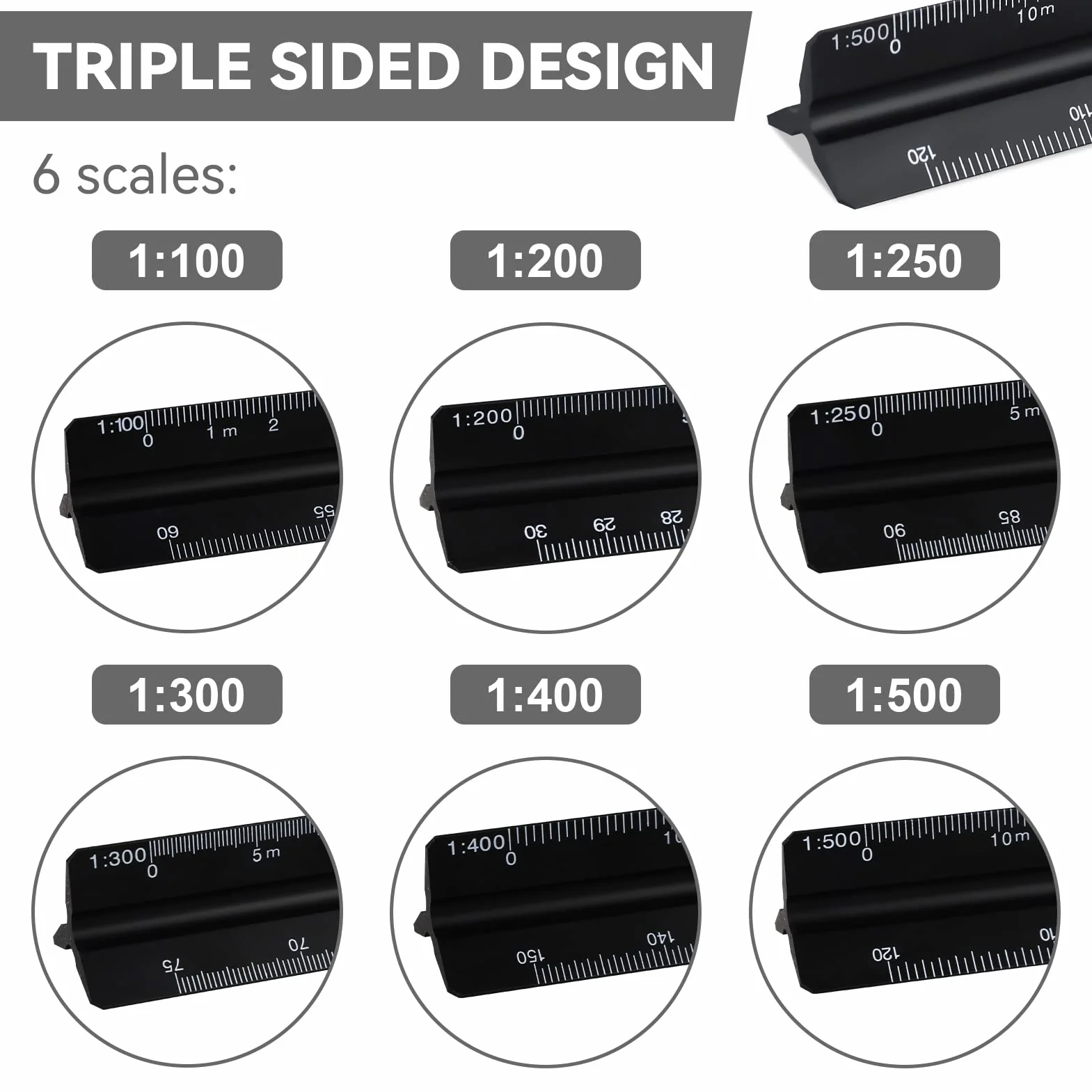HXMJIED 2 righelli per scala architettonica, in alluminio nero, 30 cm, righello in metallo per architetti metrici 1:20, 1:25, 1:50, 1:75, 1:100, 1:125 e 1:100, 1:200, 1:250, 1:300, 1:400, 1:5000, 1