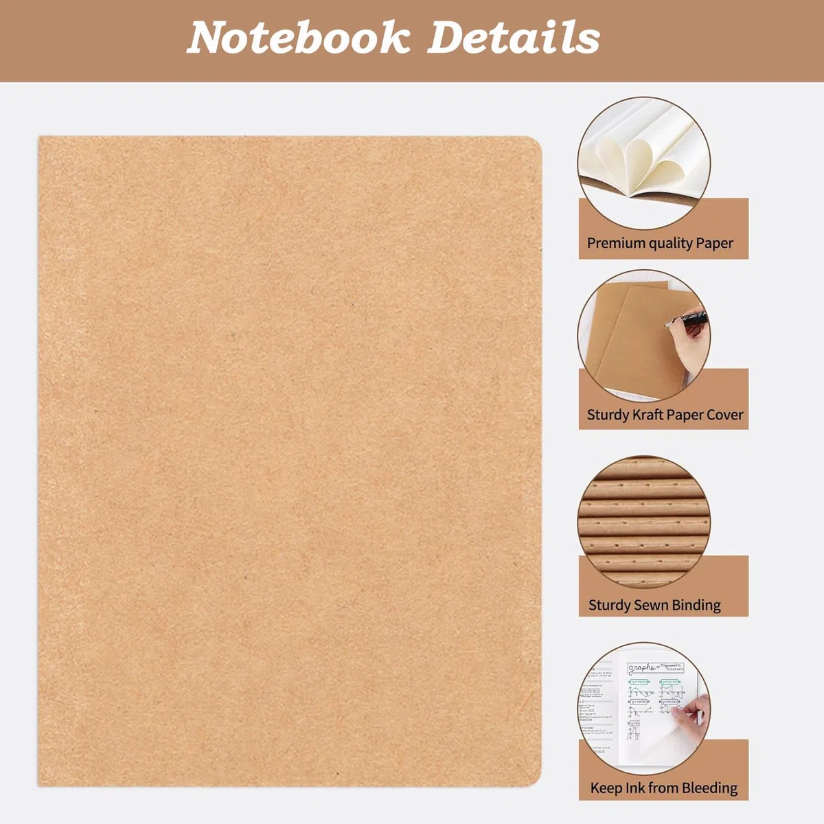 YBCPACK - Set di 6 quaderni vuoti A4, formato Kraft, 64 pagine (32 fogli), quaderno per appunti per ufficio, scuola e viaggi (21,6x28 cm)