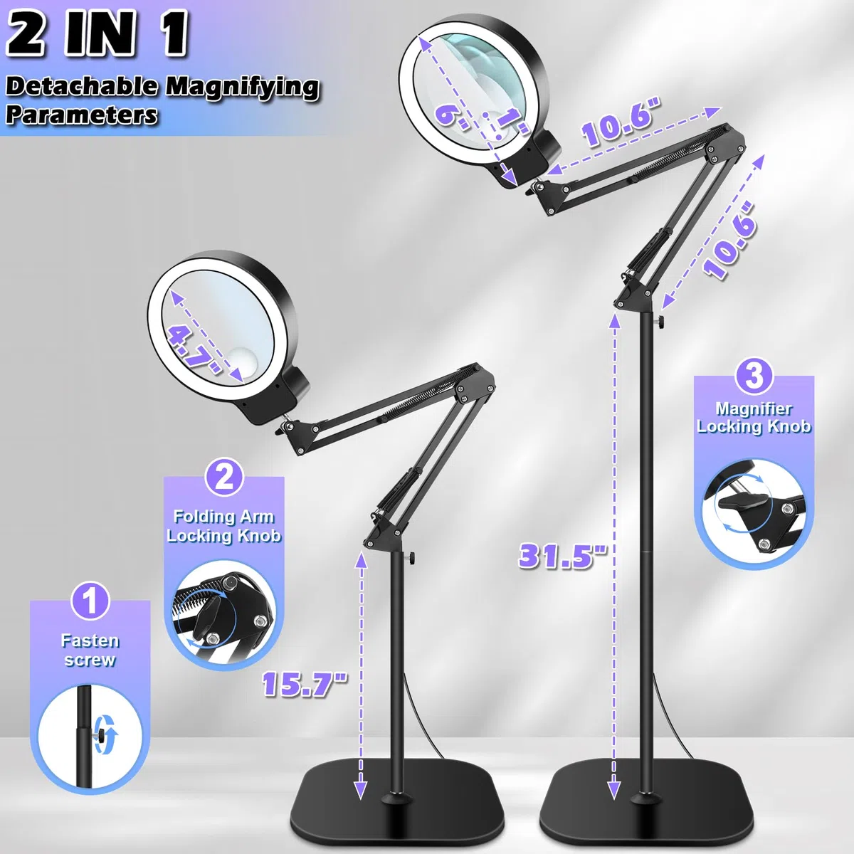 NZQXJXZ 10X 30X Lente Ingrandimento con Luce e Supporto, 2 in 1 Lampada d'Ingrandimento da Pavimento Dimmerabile a 72 LED, Lente di Ingrandimento per Lettura, Lavori Ravvicinati, Hobby