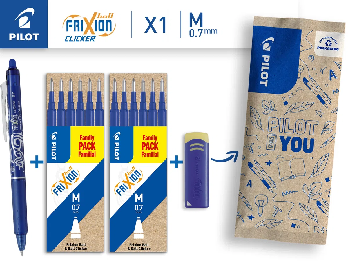 PILOT - Set di 1 FriXion Ball Clicker 07 + 2 set di 6 Ricariche + gomma - Penna Cancellabile con Inchiostro Termosensibile - Penna roller a scatto e Ricaricabile - Blu - Punta Media