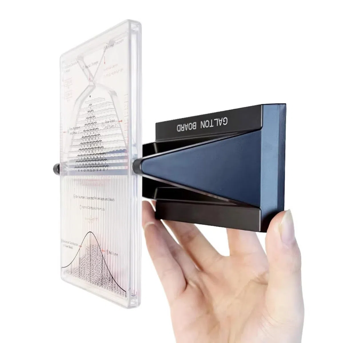 Lavagna Galton da scrivania, strumento didattico for laboratorio di fisica, strumento sperimentale for leggi statistiche efficaci, modello matematico di distribuzione normale con curva a campana