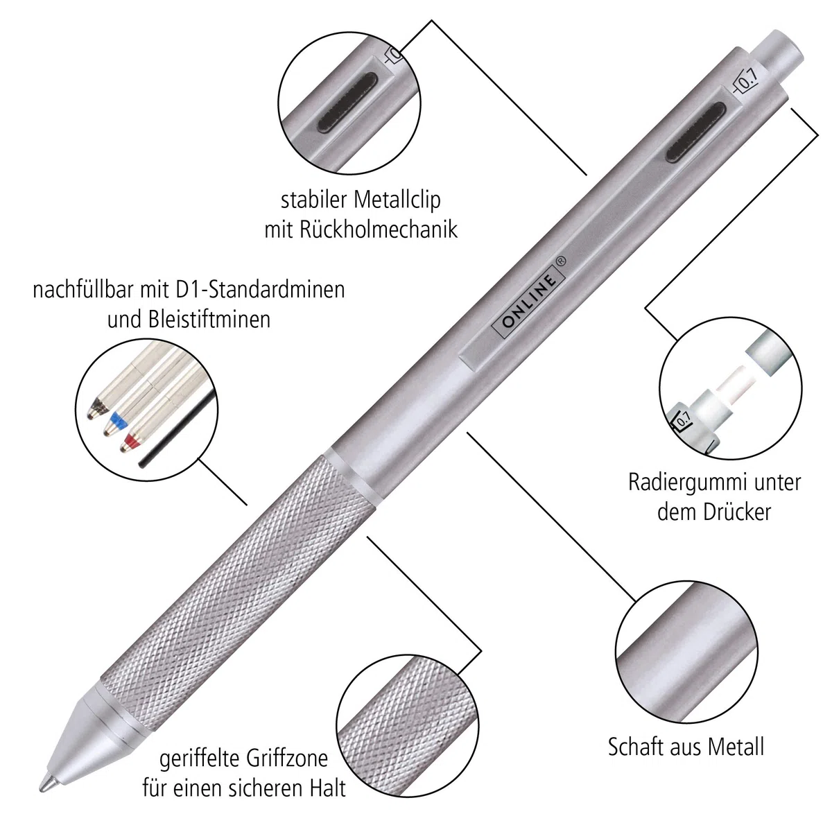 ONLINE Multipen 4-in-1 Oro Rosa | Penna multifunzione a sfera e matita in metallo | 3 cartucce per penna a sfera in blu, nero, rosso, 1 cartuccia per matita | incluso gomma da cancellare, in