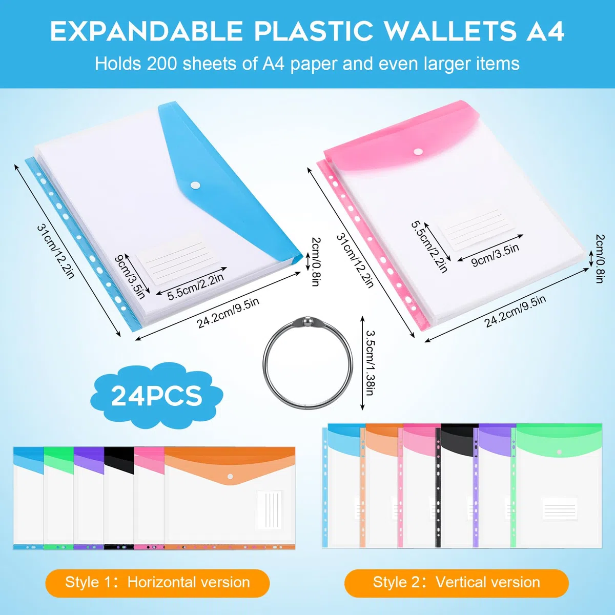 24pcs Cartelline Portadocumenti A4, Buste in Plastica A4 Perforate, Espandibili Cartella, Trasparente Porta Documenti con Bottoni a Pressione ed Etichetta, per Scuole, Case e Ufficio, 6 Colori