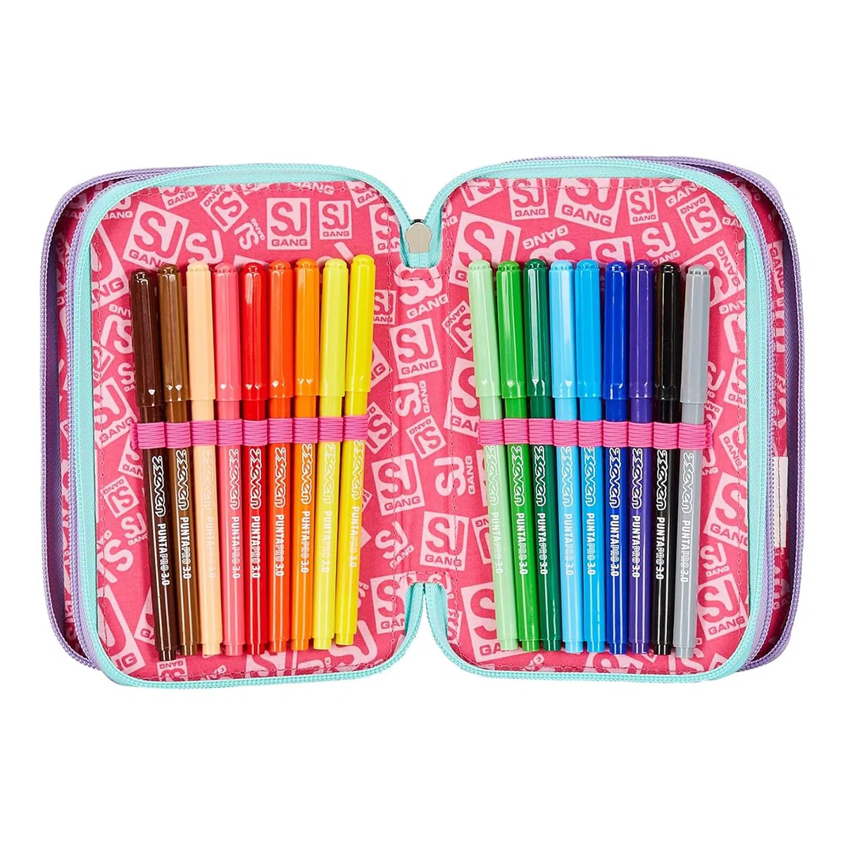 SJ Gang Astuccio Scuola 3 Zip, Rosa, RhythmicSoul, Portapenne Triplo Scomparto Completo Di Penne, Matite, Colori, Accessori Zaino, Elementari, Medie, Bambina