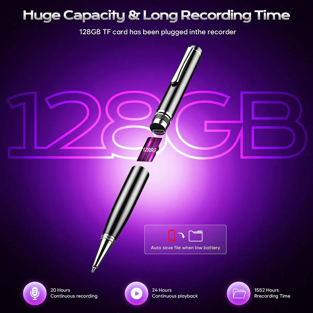 128GB(2400) Registratore Vocale Digitale, Registratore Smart con Riduzione del Rumore, Registrazione One Touch, Registratore Audio a Controllo Vocale con Riproduzione per Conferenze Riunioni Lezioni