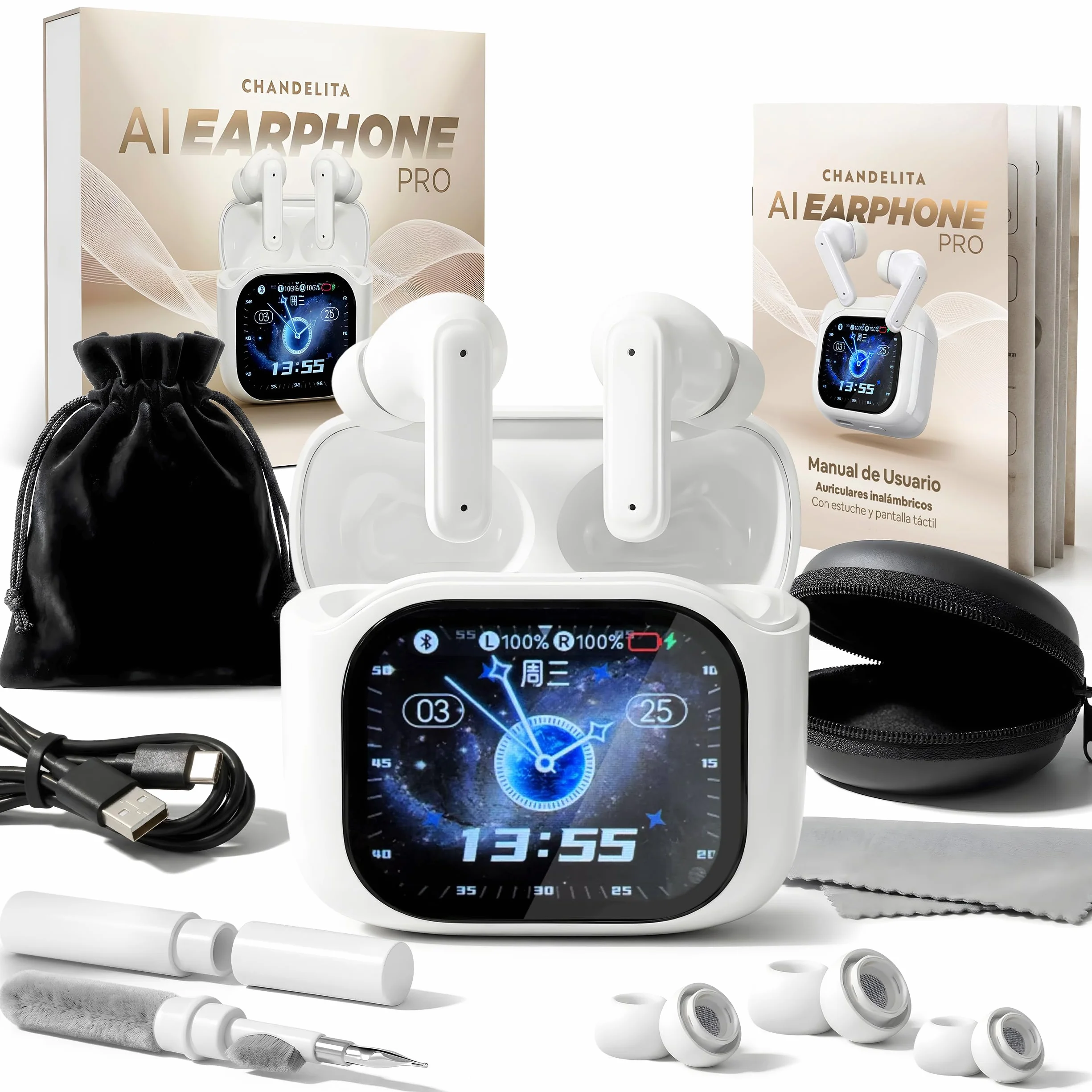 Cuffie Traduzione Simultanea con IA e 158 Lingue, Auricolari Traduttore Simultaneo per iOS e Android, Traduzione in Tempo Reale, ANC, Custodia Touchscreen