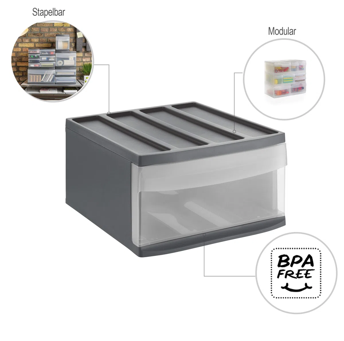 Rotho Cassettiera Systemix con 1 cassetto, plastica (PP) senza BPA, antracite/trasparente, L (39,5 x 34 x 20,3 cm)