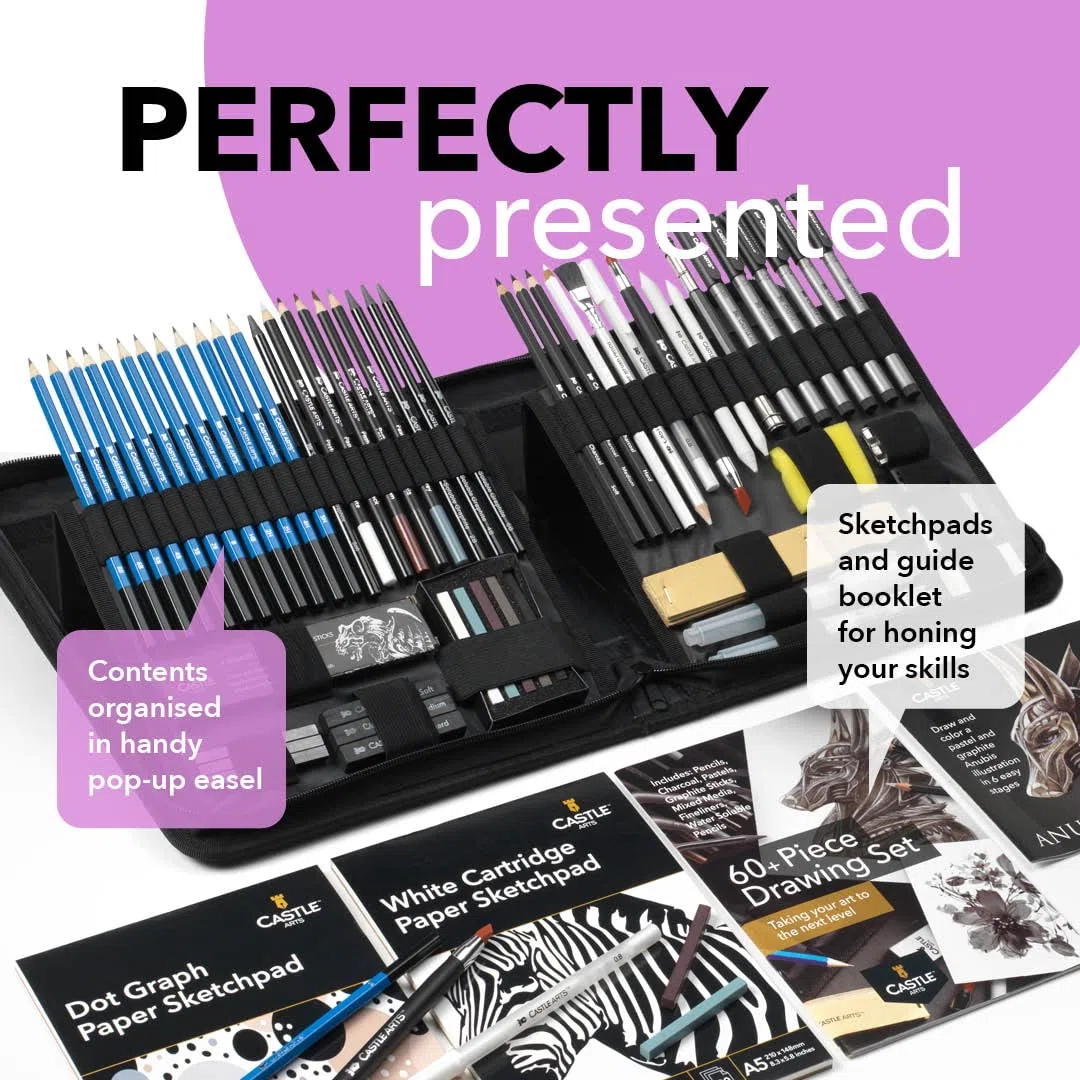 Castle Art Supplies Set da 60 pezzi di disegno e disegno | Grafite, matite solubili in acqua + bastoncini, fineliners | per artisti professionisti e adulti | in custodia con zip