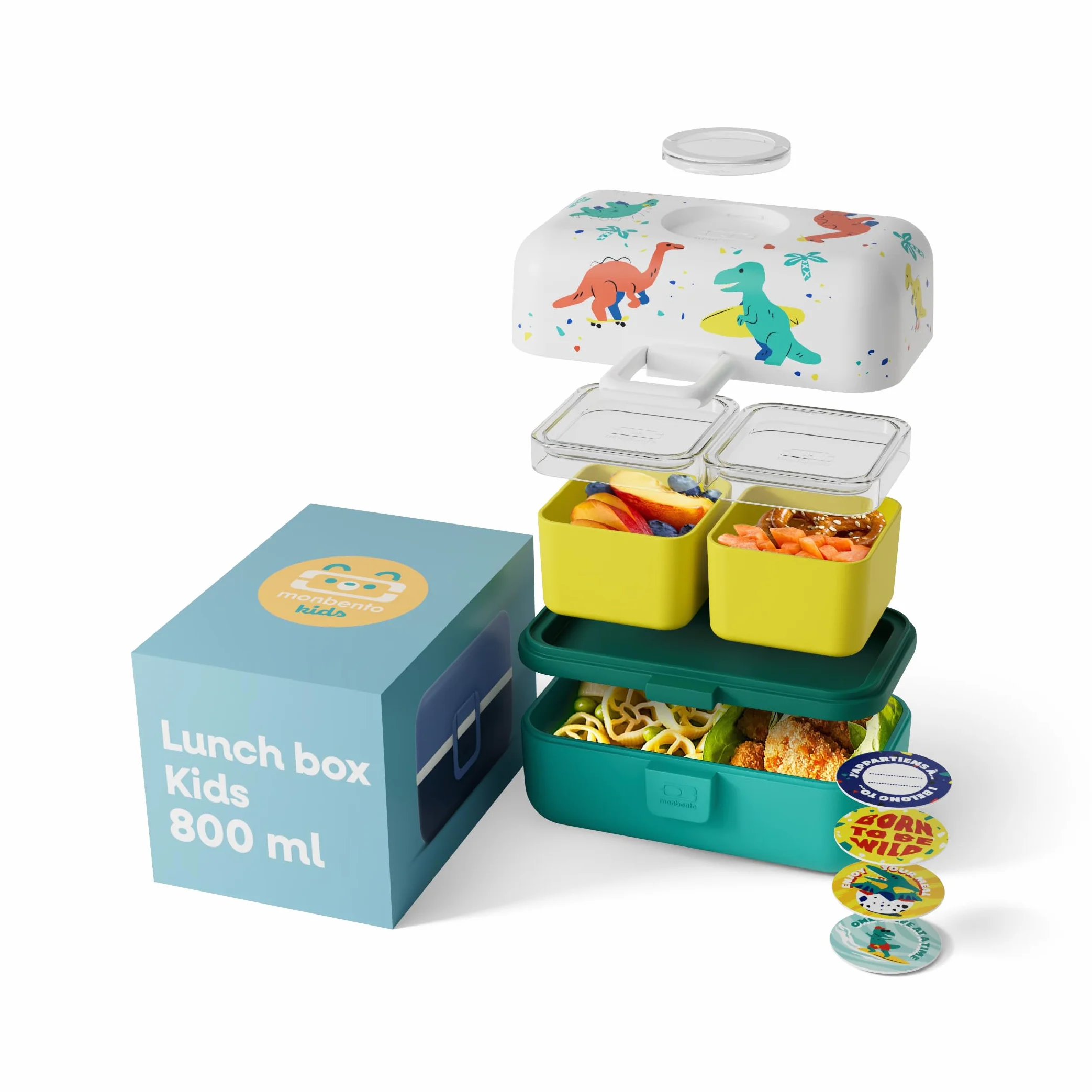 monbento - Lunch Box Bambini Tresor blu Dino - Portapranzo e Portamerenda 3 Scomparti - Ideale per Scuola/Picnic - Porta Pranzo senza BPA - Personalizzabile - Motivo Dinosauri