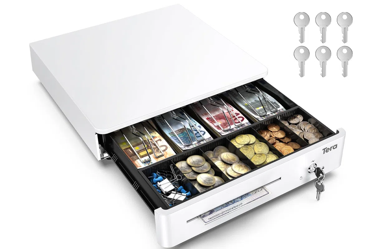Tera Cassetto Cassa Registratore Monete: 33,5×33×10,4 cm 4 Scomparti Banconote 6 Monete 1 Scomparto Media con Inserto Rimovibile RJ12 Chiavi per POS Negozi Aziende Modello 330R Bianco