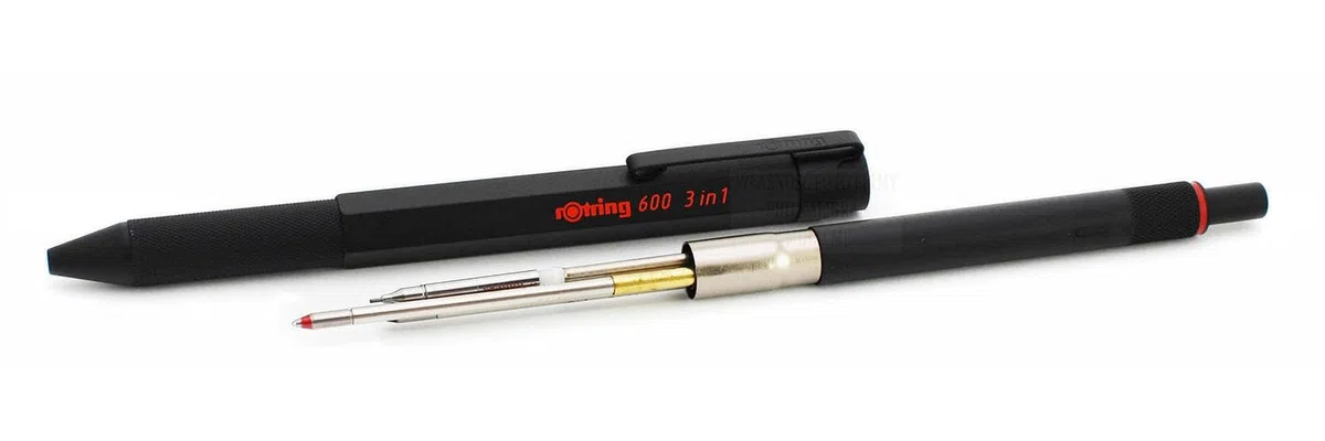 rOtring 600 penne e portamine multicolore 3 in 1 | Fusto nero | Penna a sfera (inchiostro nero e rosso) + matita da 0,5 mm | Confezione regalo + quaderno a spirale A5 + sacchetto di velluto