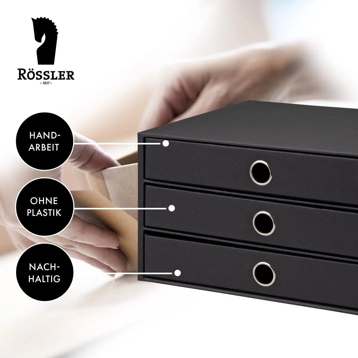 Rössler 1524452703 - S.O.H.O. Scatola a 3 cassetti per DIN A4, con foro per le dita, nero, 343 x 250 x 185 mm, 1 pz.