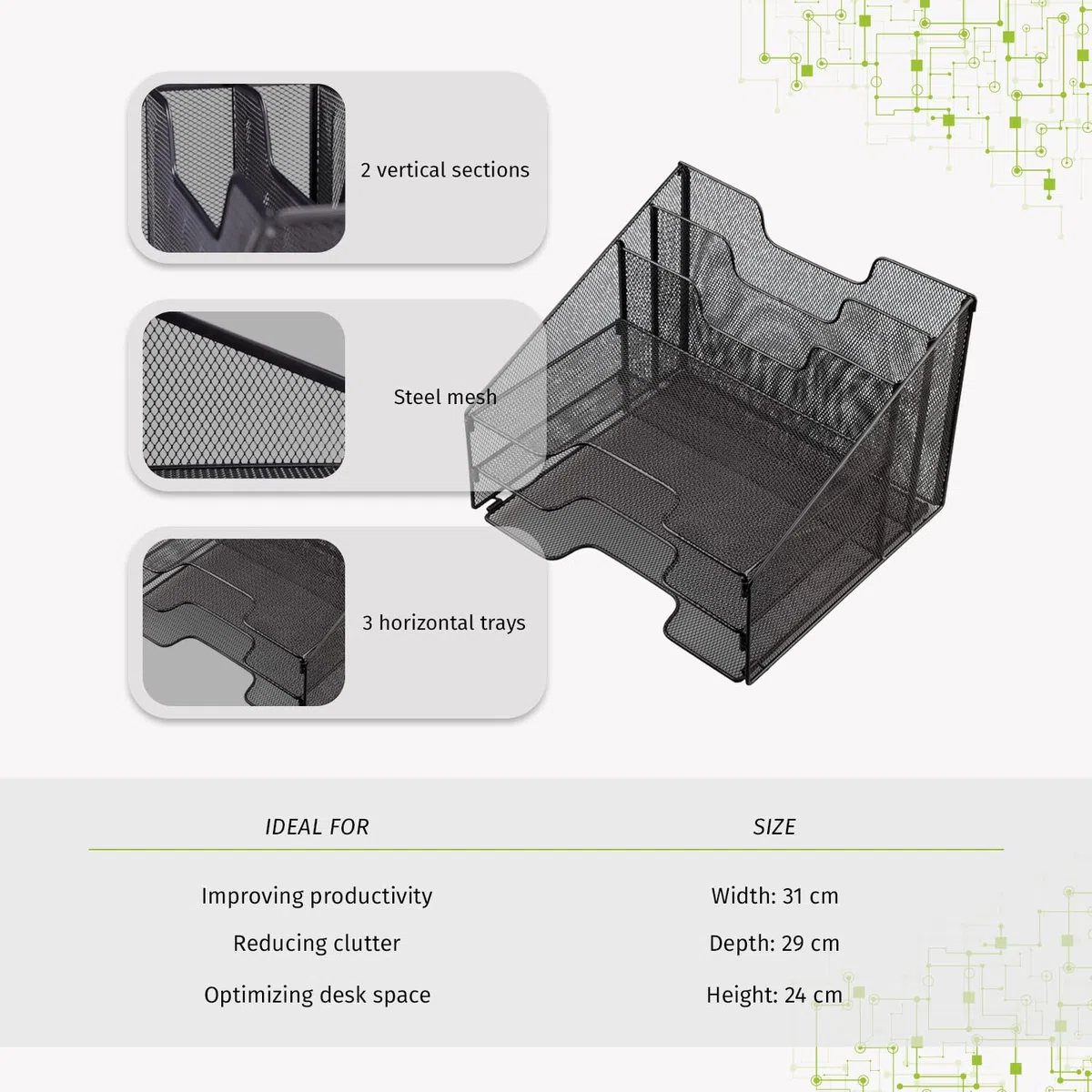 Techly 368062 Organizer da Scrivania a 3 Vassoi e 2 Sezioni Verticali Nero