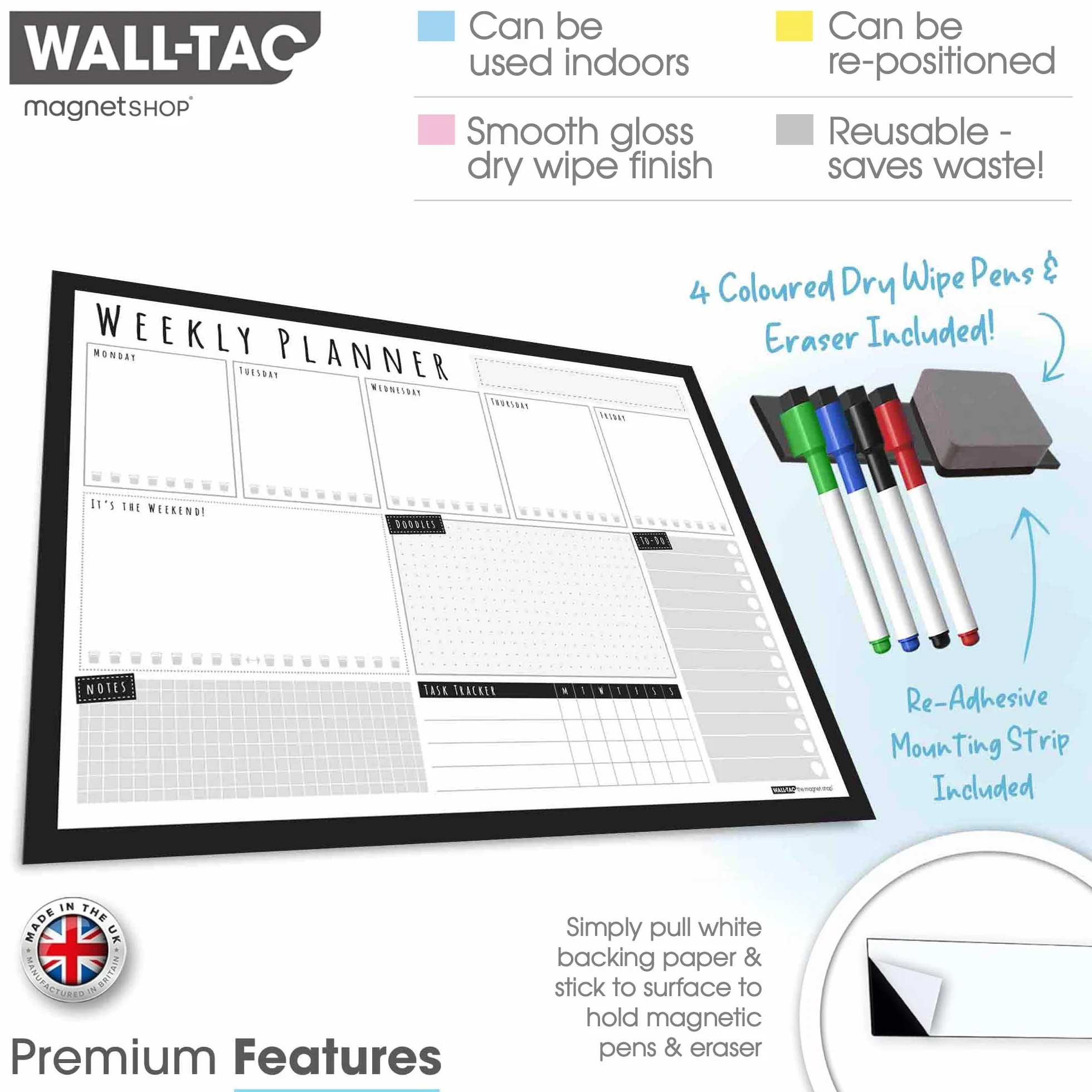 The Magnet Shop WallTAC A3 Agenda Settimanale Lavagna Adesiva per Parete | Prodotto nel Regno Unito | Calendario cancellabile a secco facile da rimuovere con adesivo riutilizzabile