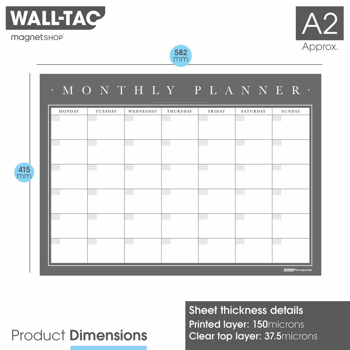 WallTAC Planner mensile da parete A2 | con pennarelli per lavagna bianca | Calendario cancellabile a secco facile da rimuovere e riutilizzare | bacheca per la preparazione dei pasti [60 x 42 cm]