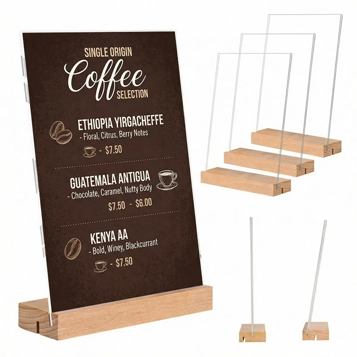 3 Pezzi Espositori da Tavolo A4 Supporto per Cartelli A4 in Acrilico Legno t Forma Porta Cartelli in Acrilico con Base in Legno per Ufficio, Ristorante (29,7x21cm)