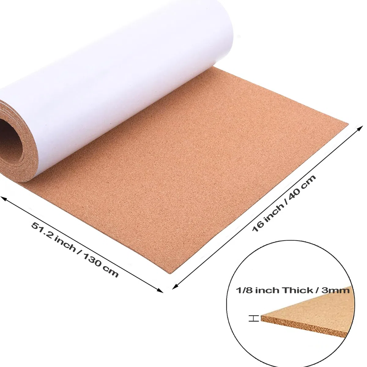 Rotolo di bacheca in sughero autoadesiva, 130 x 40 cm, spessore 3 mm, grandi rotoli di foglio di sughero decorativo per pareti, ufficio, cucina, poster, bacheca per visione, ideale per decorazioni fai