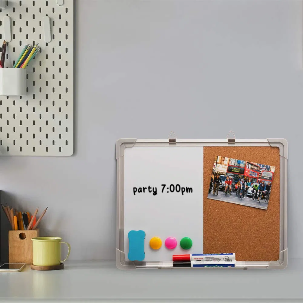 DOEWORKS Lavagna Bianca Combinata Bifacciale 40 x 30cm, Lavagna Magnetica Cancellabile a Secco & Bacheca in Sughero, Bacheca Sospesa a Parete per Casa Ufficio Scuola
