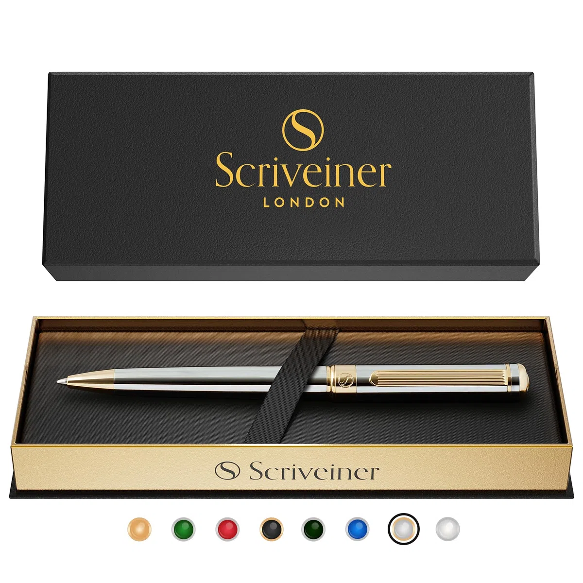 Scriveiner Pen, Splendida Penna a Sfera Cromata Silver, Finitura Placcato in Vero Oro, Refill Inchiostro Nero, Penne Eleganti, Professionali, da Ufficio, Idee Regalo per Lui e per Lei