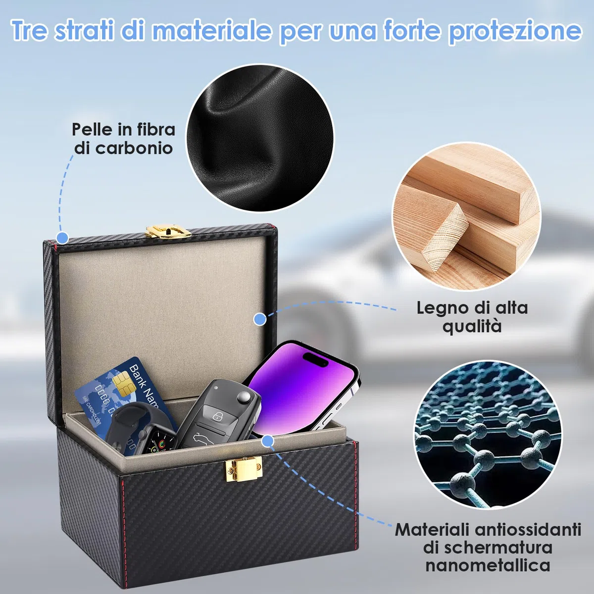 Chiave auto Faraday Box, Keyless Go, scatola per chiavi auto, blocco RFID per protezione sicura, carte di credito e chiavi dell'auto, 16 x 12 x 9,5 cm (grande)
