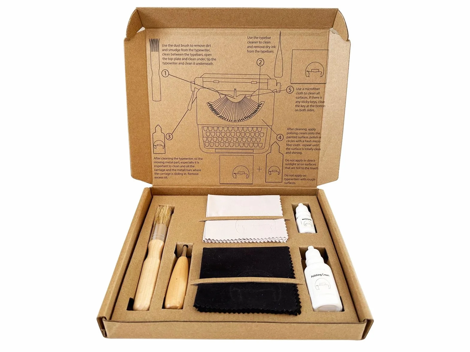 Typewriter Maintenance Kit - Dust Brush, Typewriter Oil, Polishing Cream, Typebar Cleaner, Fibre Clothes